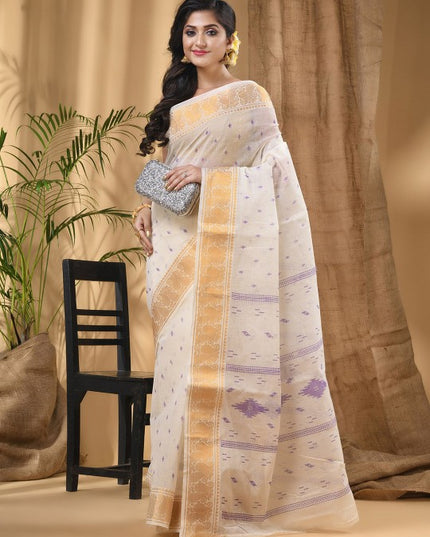 DESH BIDESH White Purple Woven Design Zari Pure Cotton Block Print Saree