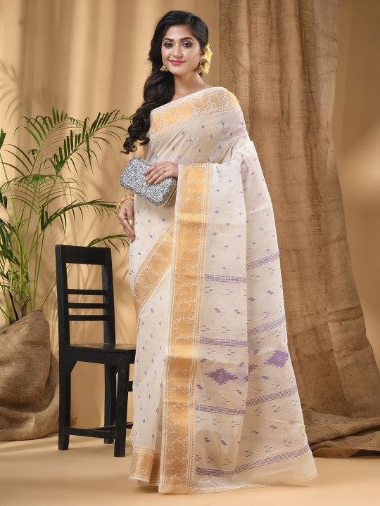 DESH BIDESH White Purple Woven Design Zari Pure Cotton Block Print Saree