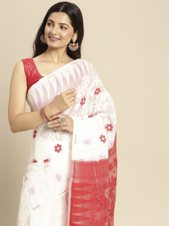 DESH BIDESH White & Red Floral Pure Cotton Jamdani Saree