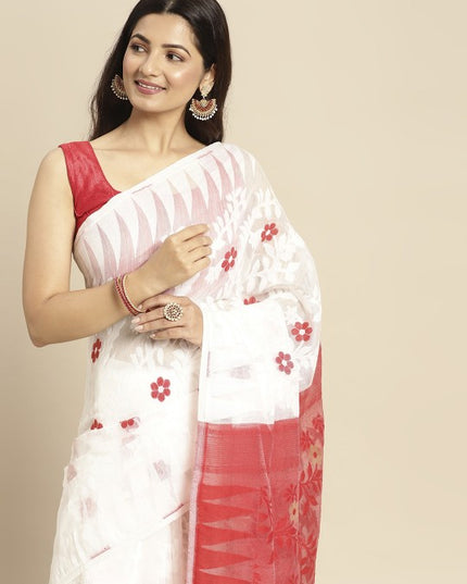 DESH BIDESH White & Red Floral Pure Cotton Jamdani Saree