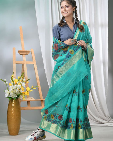 DESH BIDESH Floral Printed Saree with Zari Border and Unstitched Blouse Piece