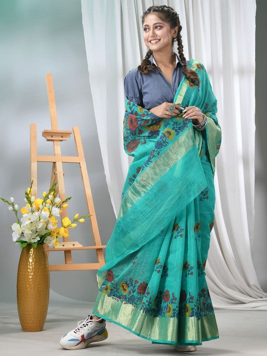 DESH BIDESH Floral Printed Saree with Zari Border and Unstitched Blouse Piece