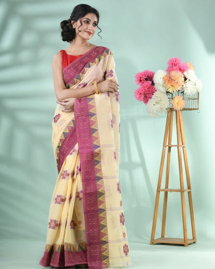 DESH BIDESH Magenta and Cream Woven Design Pure Cotton Saree for Women