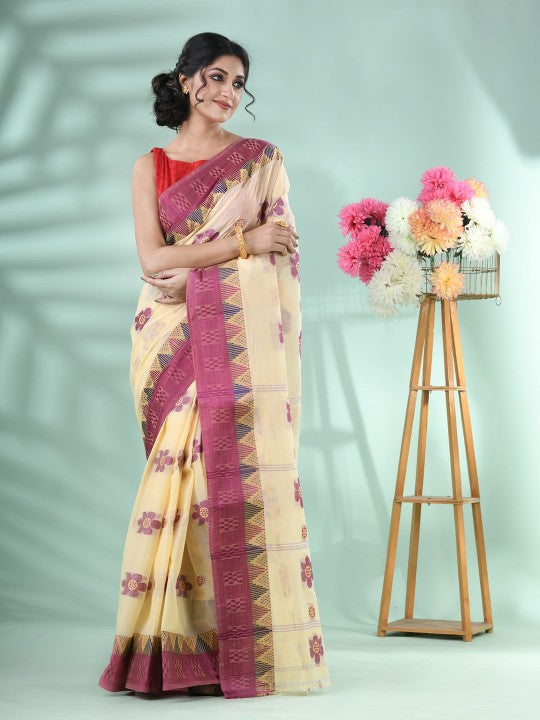 DESH BIDESH Magenta and Cream Woven Design Pure Cotton Saree for Women