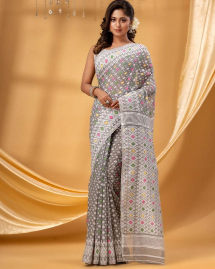 Exquisite Floral Printed Pure Cotton Jamdani Saree with Blouse Piece