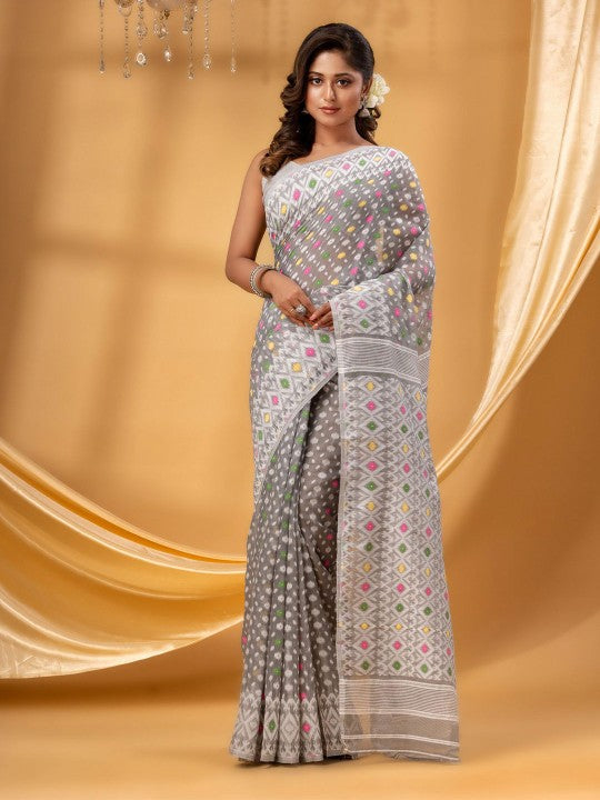 Exquisite Off-White Floral Printed Pure Cotton Jamdani Saree with Blouse Piece