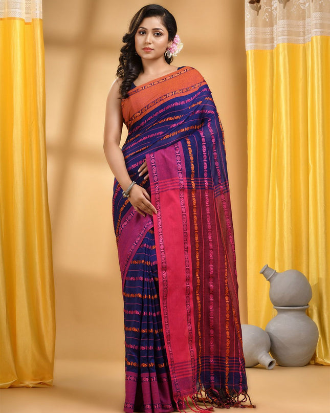 DESH BIDESH Woven Design Zari Pure Cotton Taant Saree With Blouse Piece