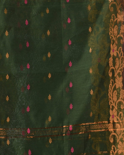 Women cotton silk tant handloom saree mysore party, wear sarees latest, design wedding, banarasi design georgette saree soft silk cotton MidNight Zari sarees for women (Dark Green)