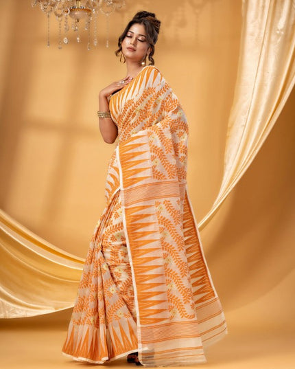 Exquisite Orange White Woven Pure Cotton Jamdani Saree Ethnic Indian Wear
