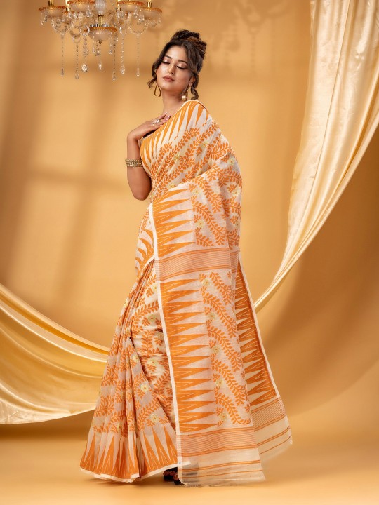 Exquisite Orange White Woven Pure Cotton Jamdani Saree Ethnic Indian Wear