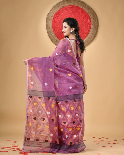 DESH BIDESH Purple Cotton Blend Jamdani Saree with Woven Floral Design