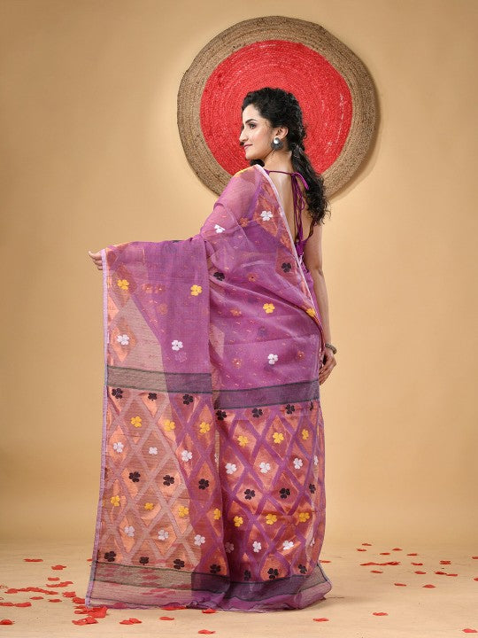 DESH BIDESH Purple Cotton Blend Jamdani Saree with Woven Floral Design