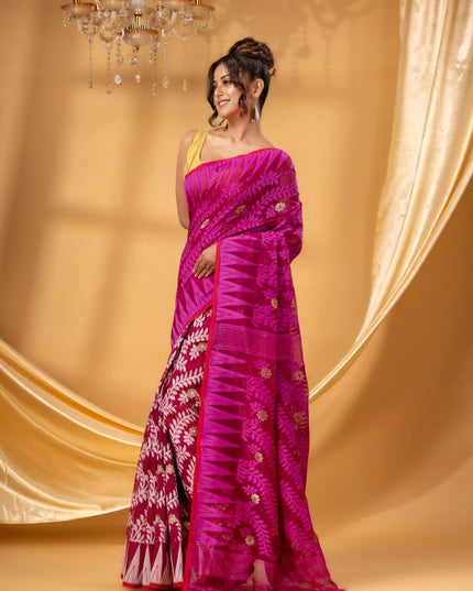 Exquisite DESH BIDESH Pure Cotton Jamdani Saree with Woven Floral Zari Design