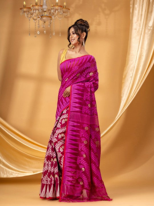 Exquisite DESH BIDESH Pure Cotton Jamdani Saree with Woven Floral Zari Design