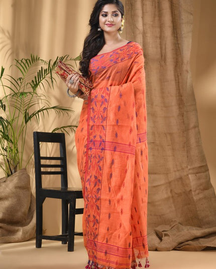 Orange & Blue Woven Design Silk Cotton Taant Saree with Ethnic Motifs
