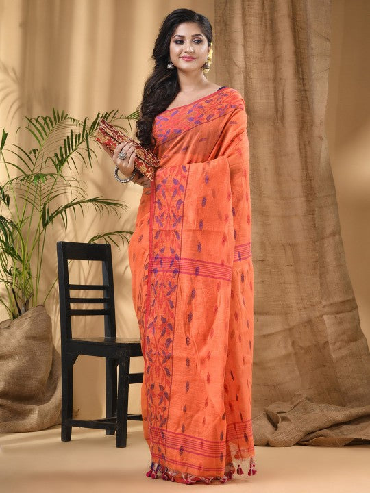 Orange & Blue Woven Design Silk Cotton Taant Saree with Ethnic Motifs