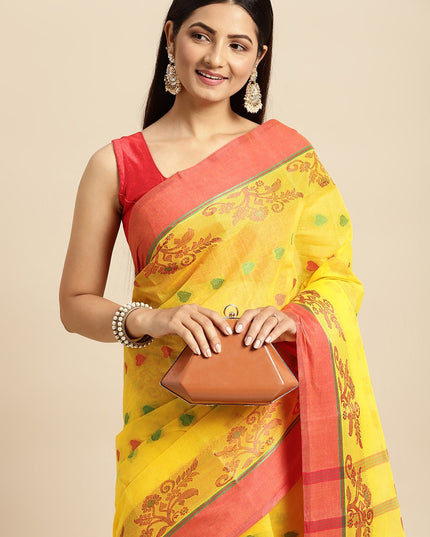 DESH BIDESH Yellow & Red Ethnic Motifs Pure Cotton Taant Saree