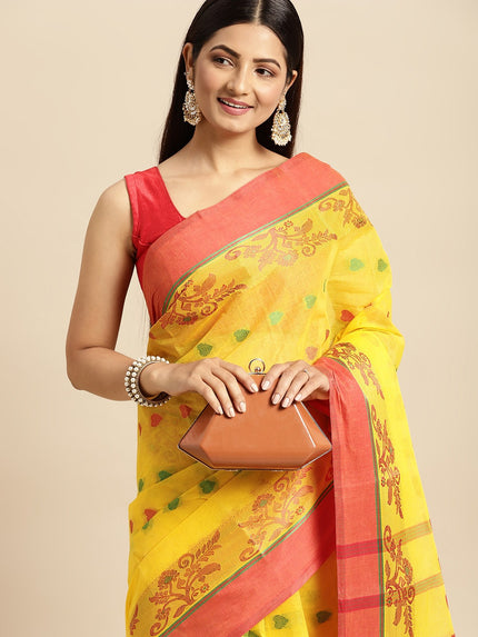 DESH BIDESH Yellow & Red Ethnic Motifs Pure Cotton Taant Saree