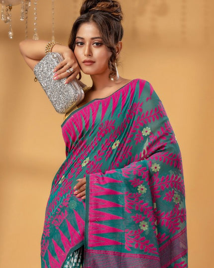 Vibrant Fluorescent Green Pure Cotton Jamdani Saree with Intricate Ethnic Woven Motifs