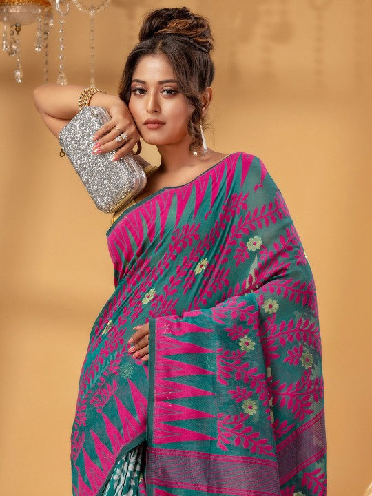 Vibrant Fluorescent Green Pure Cotton Jamdani Saree with Intricate Ethnic Woven Motifs
