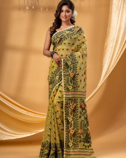 DESH BIDESH Green Black Pure Cotton Jamdani Saree for Women