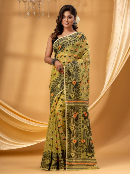 DESH BIDESH Green Black Pure Cotton Jamdani Saree for Women