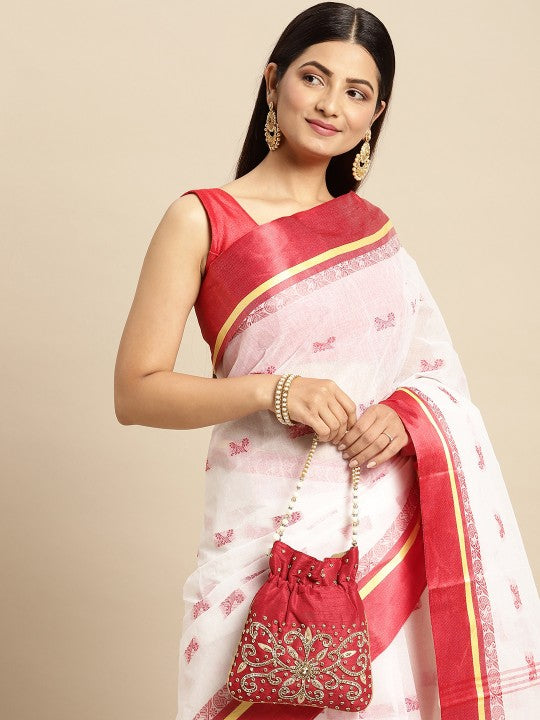 DESH BIDESH White & Red Ethnic Motifs Pure Cotton Taant Saree