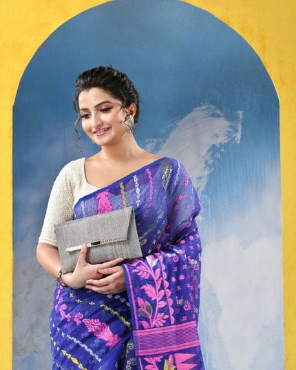 Exquisite Jamdani Cotton Blend Saree: Blue & Pink Woven Design with Solid Border