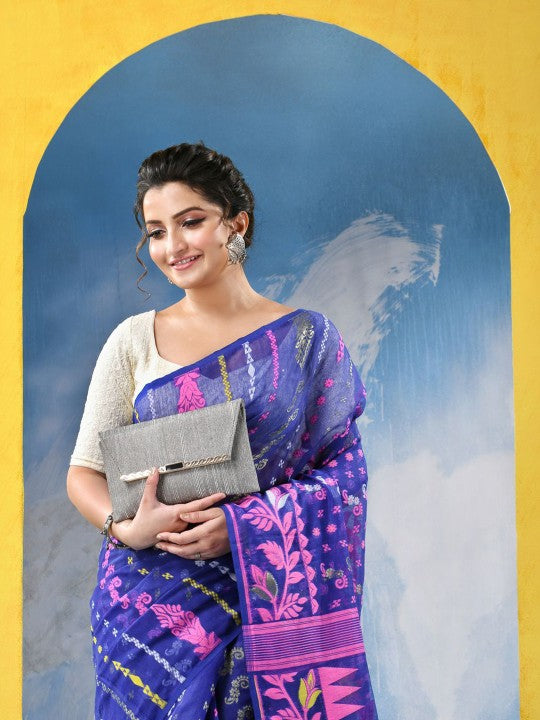 Exquisite Jamdani Cotton Blend Saree: Blue & Pink Woven Design with Solid Border