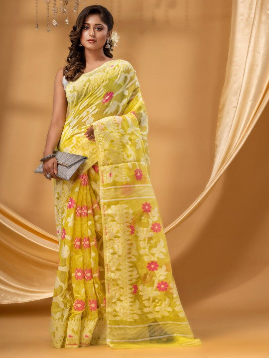 DESH BIDESH Floral Woven Design Pure Cotton Jamdani Saree