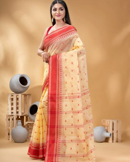 DESH BIDESH Cream-Coloured Red Woven Design Pure Cotton Handloom Taant Saree