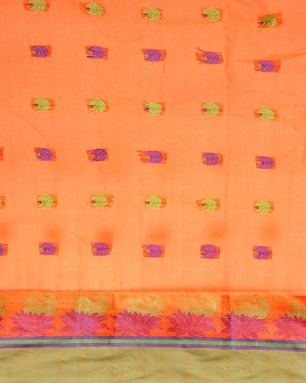 DESH BIDESH Orange & Green Ethnic Motifs Pure Cotton Taant Saree