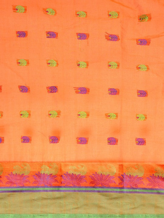 DESH BIDESH Orange & Green Ethnic Motifs Pure Cotton Taant Saree
