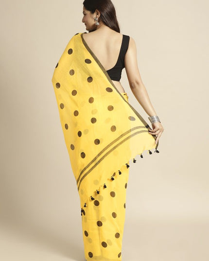 DESH BIDESH Yellow & Black Polka Dot Pure Cotton Taant Saree