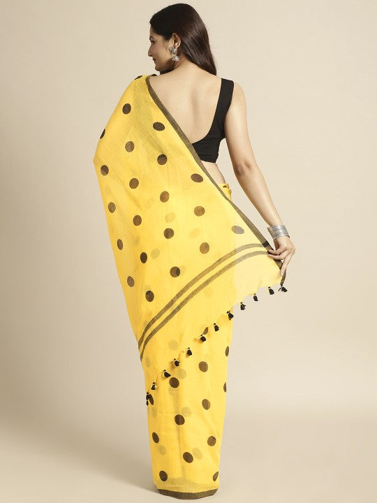 DESH BIDESH Yellow & Black Polka Dot Pure Cotton Taant Saree