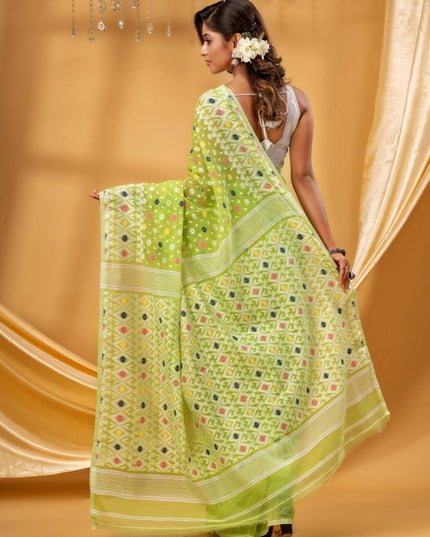 DESH BIDESH Green & White Ethnic Motifs Woven Pure Cotton Jamdani Saree