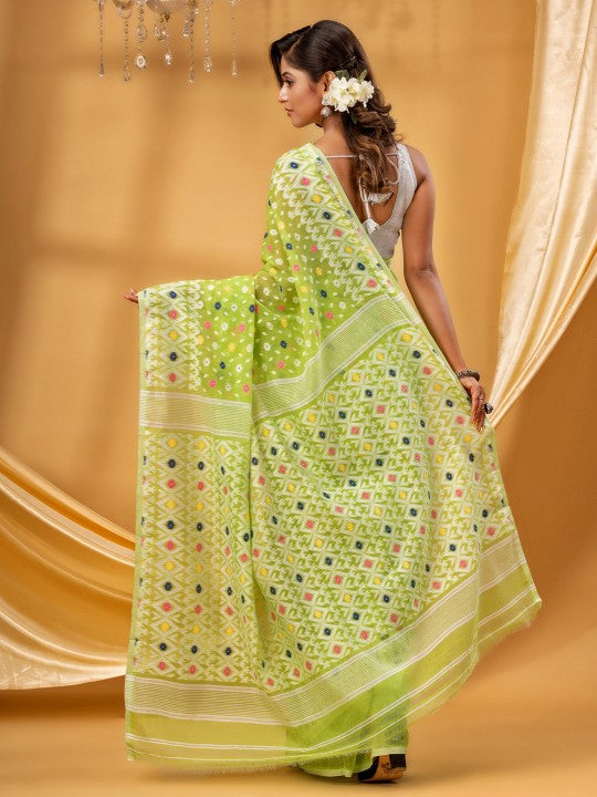 DESH BIDESH Pure Cotton Jamdani Saree: Green, White, Woven Ethnic Motifs