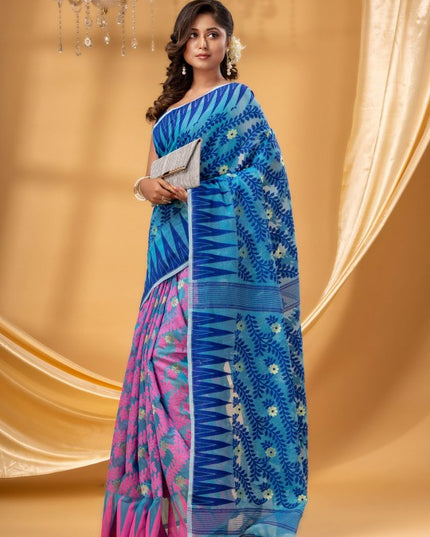 Exquisite Pink & Blue Pure Cotton Jamdani Saree with Woven Design Border