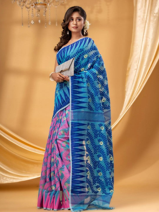 Exquisite Pink & Blue Pure Cotton Jamdani Saree with Woven Design Border