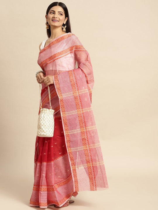 DESH BIDESH Red Ethnic Motifs Pure Cotton Taant Saree