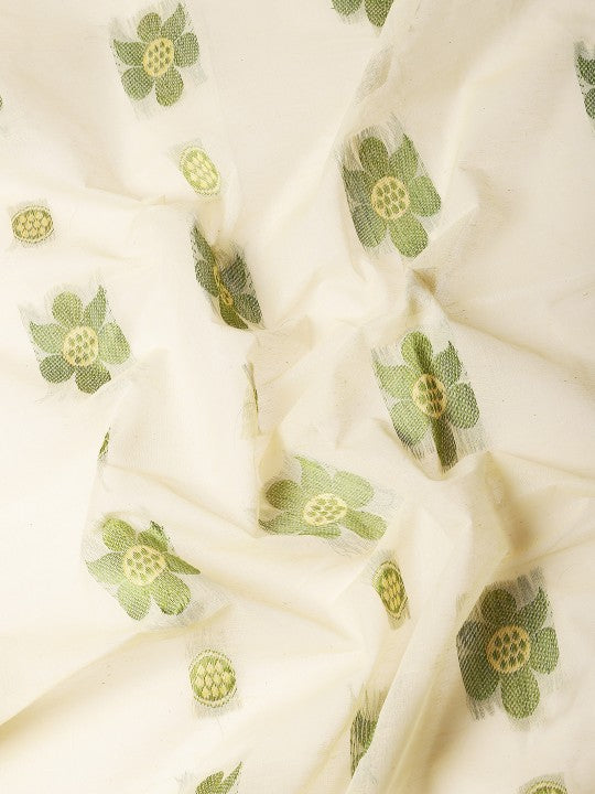DESH BIDESH Off White & Green Ethnic Motifs Pure Cotton Taant Saree