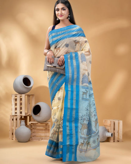 DESH BIDESH Ethnic Motifs Zari Pure Cotton Taant Saree