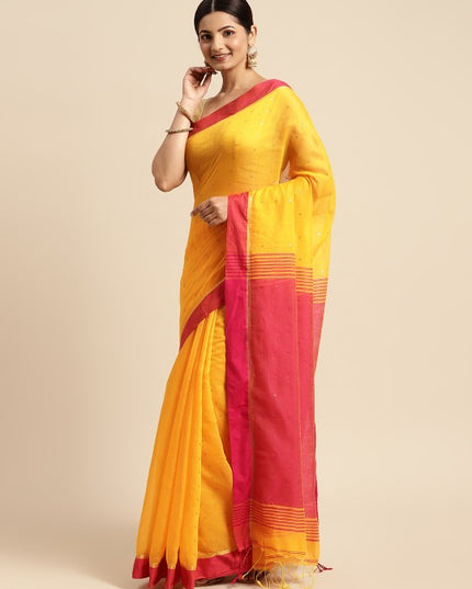 DESH BIDESH Yellow Solid Pure Cotton Taant Saree