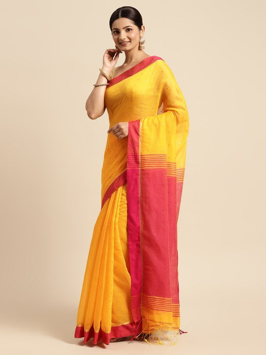 DESH BIDESH Yellow Solid Pure Cotton Taant Saree