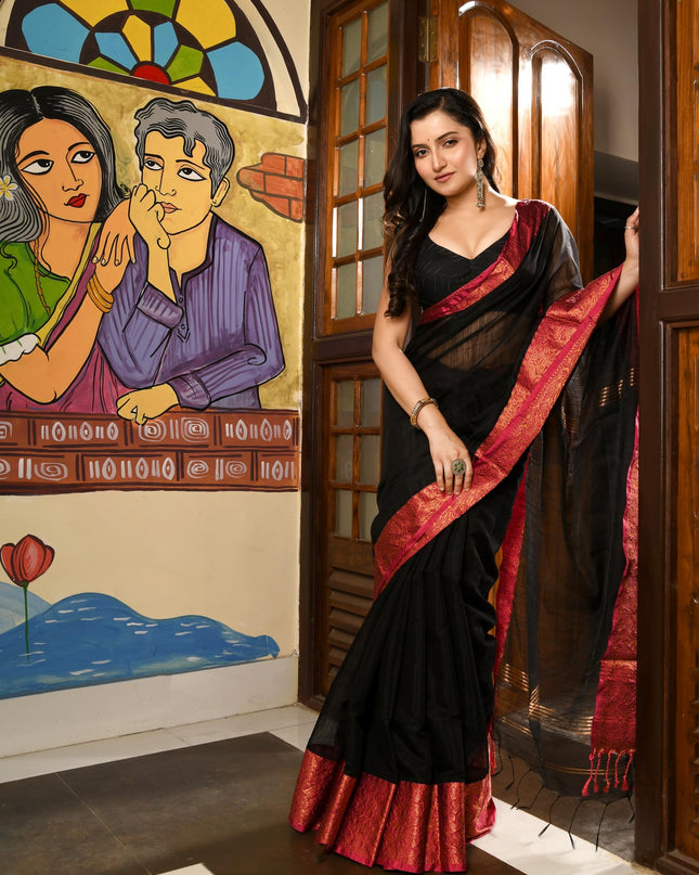 dB DESH BIDESH Women's Soft Cotton Linen Saree For Woman Kolkamoyee Trendy festival Silk Saree For Wedding Banarasi Style Pallu Sari With Blouse Piece (Black)