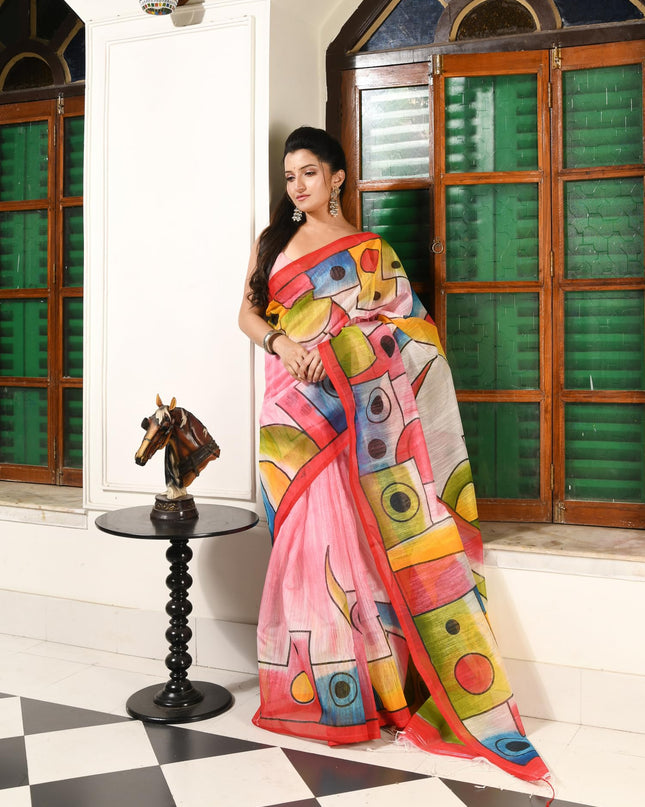 dB DESH BIDESH Women`s Soft Cotton Saree for Women Canvas Design Hand Drawing Soft Cotton Silk Daily Office Wear Saree for Woman with Blouse Piece