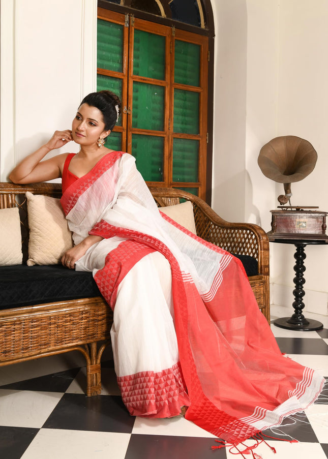 dB DESH BIDESH Women`s Silk Blend Woven Design Saree Templemala Lal Par Sada Sari Design New Soft Cotton Silk Red White Saree For Festival With Blouse Piece