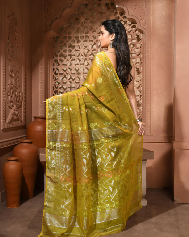 dB DESH BIDESH Women's Soft Cotton Silk Jamdani Sarees For Women for Party, Wear Linen Silk Saree Zarikatha Design Cotton saree for woman Without Blouse piece (Olive)