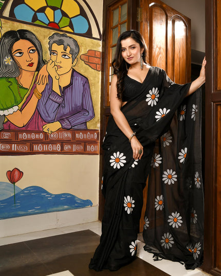 dB DESH BIDESH Women`s Mul Cotton Sarees Soft Fancy Phoolpari Latest, Design Party, Wear Cotton New Linen Saree For Woman With Blouse Piece (Black)