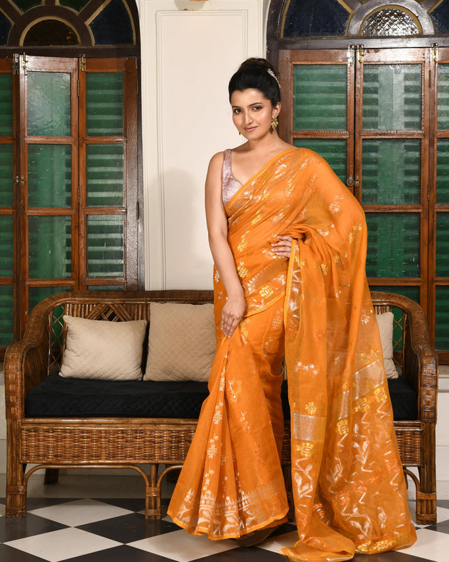 dB DESH BIDESH Women's Soft Cotton Silk Jamdani Sarees For Women for Party, Wear Linen Silk Saree Zarikatha Design Cotton saree for woman Without Blouse piece (Orange)